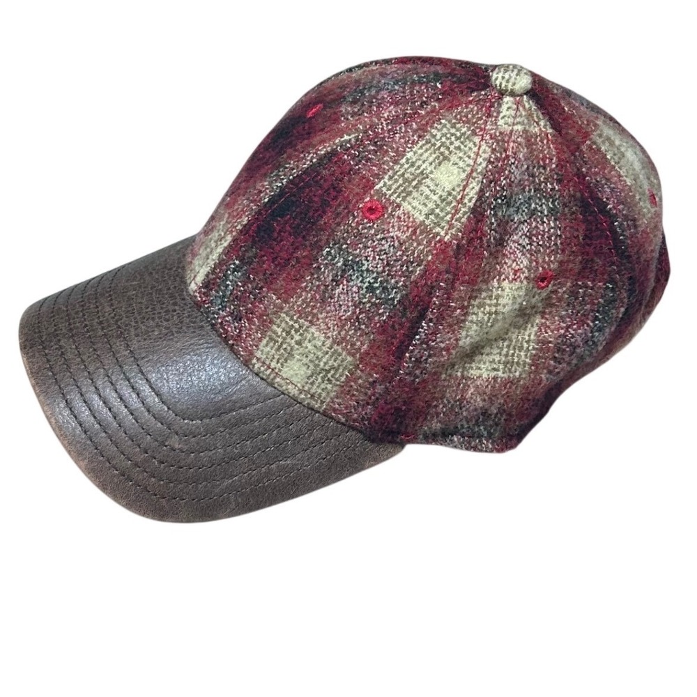 Stetson Plaid Wool Blend Baseball Cap Brown Leather Brim Red Tan Adjustable Hat